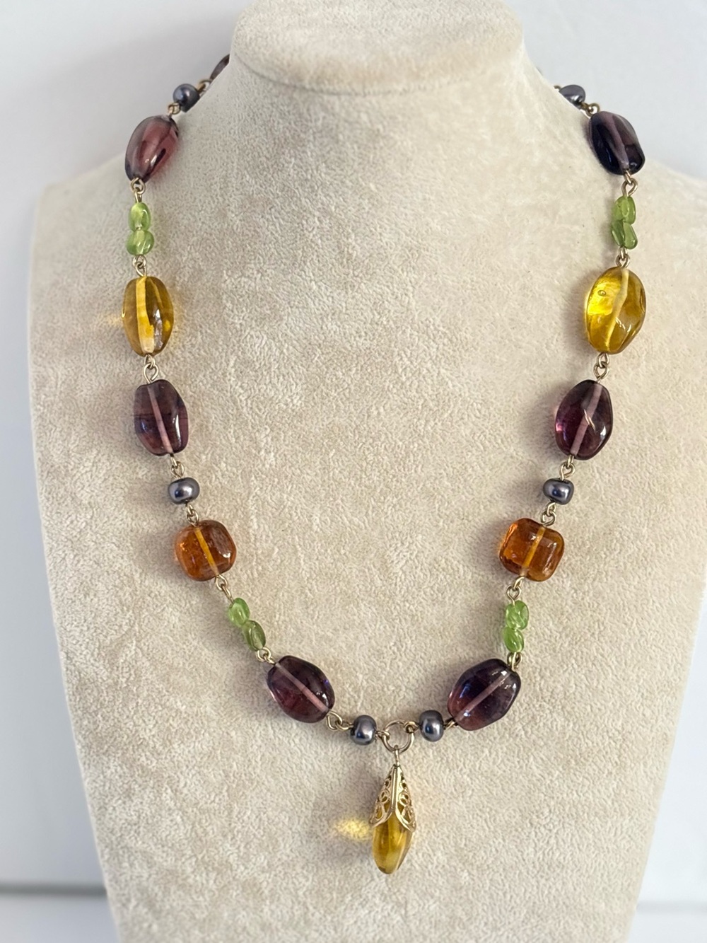 Amber Plum Glass Bead Necklace Gold Teardrop Pendant Statement Necklace
